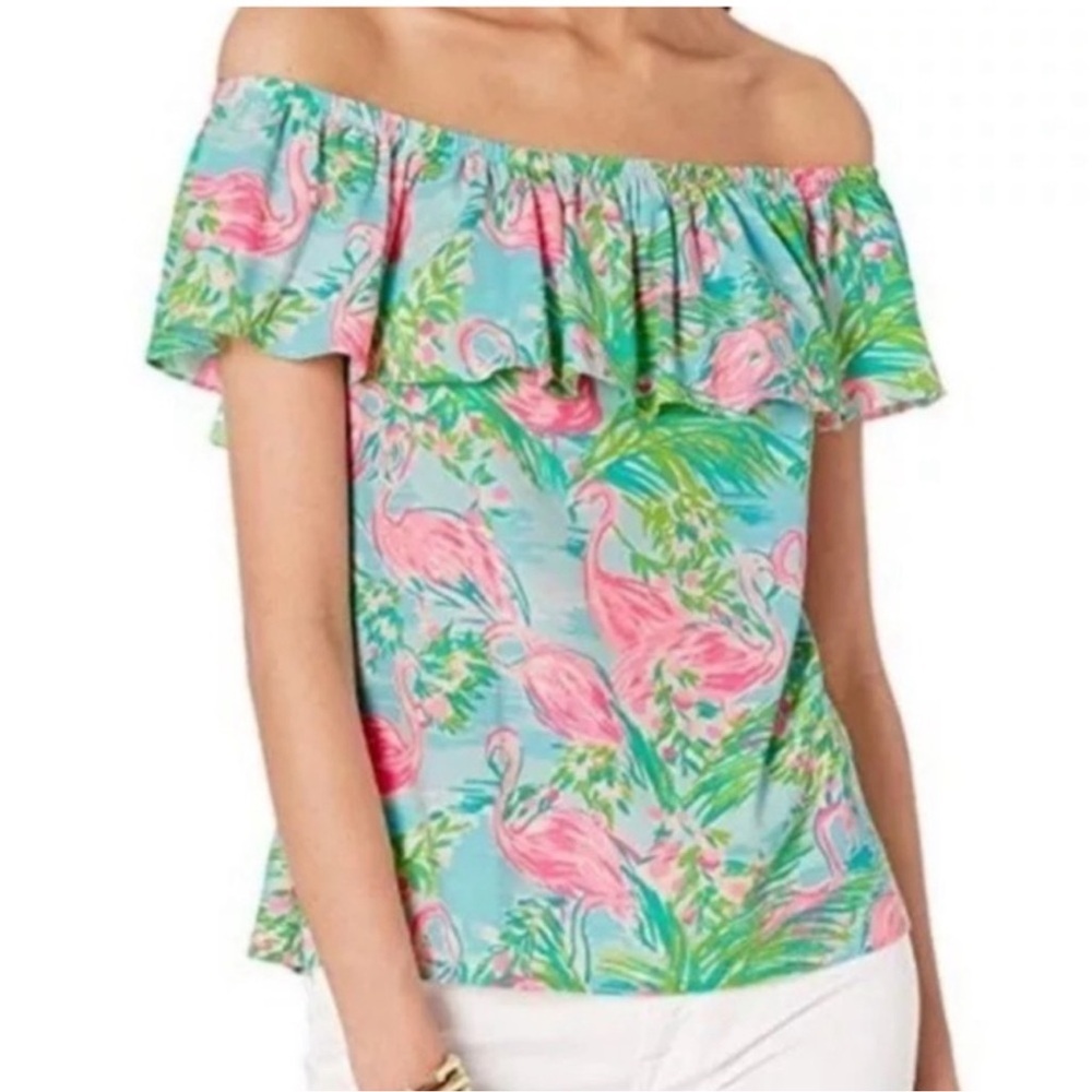 Lilly Pulitzer Aqua & Pink Flamingo Off-the-Shoulder Ruffle Top